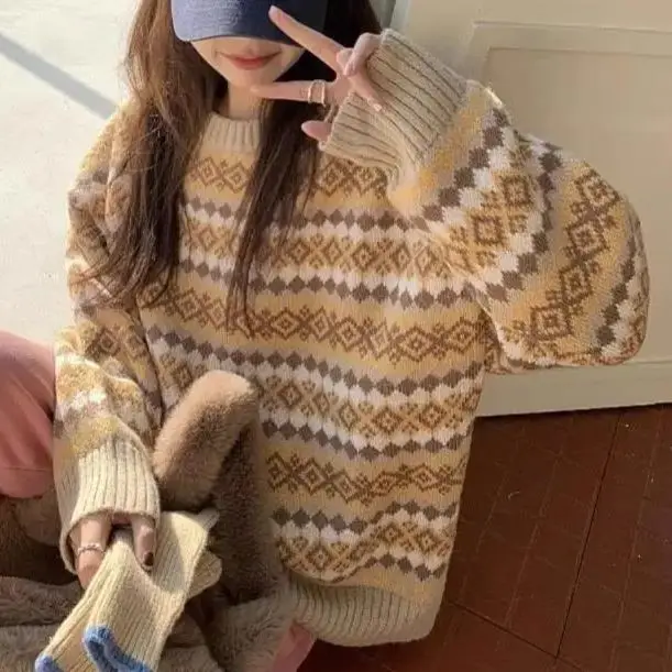 

Winter Knit Sweaters for Women Pullover Top Vintage Long Loose Sweaters Warm Korea Fashion Kawaii Jersey Jumper