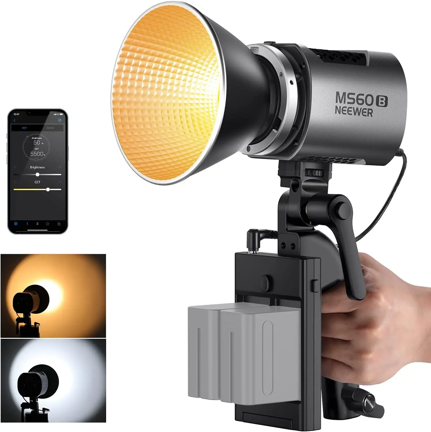 NEEWER MS60B 바이 컬러 LED 비디오 조명, 2.4G/APP 제어, 65W 금속 미니 핸드헬드 COB 연속 출력 조명, 보웬스 마운트