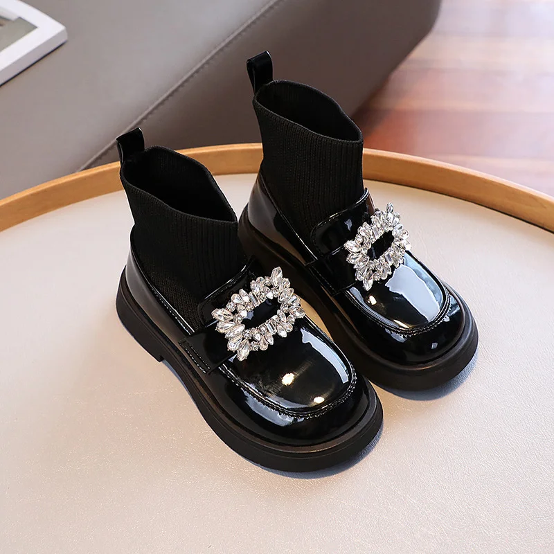 

Rhinestone Girls Sock Shoes Children's Leather Boots Autumn Winter Children Fashion Anti-Slippery Rubber Sole Footwear