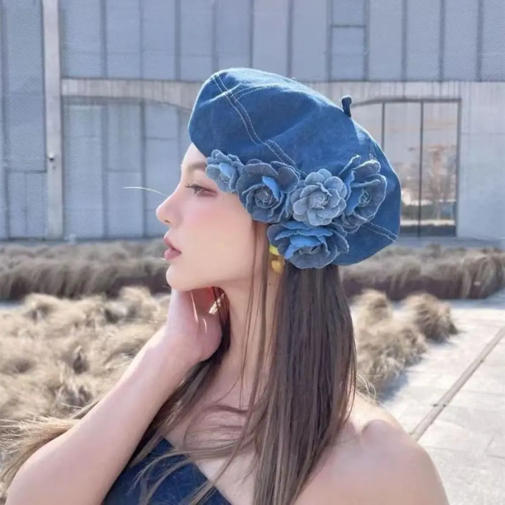 New Denim Color Cotton Painter Hat Camellia Contrasting Colors Fluffy Beret Hat Casual Trendy Flower Beret Cap