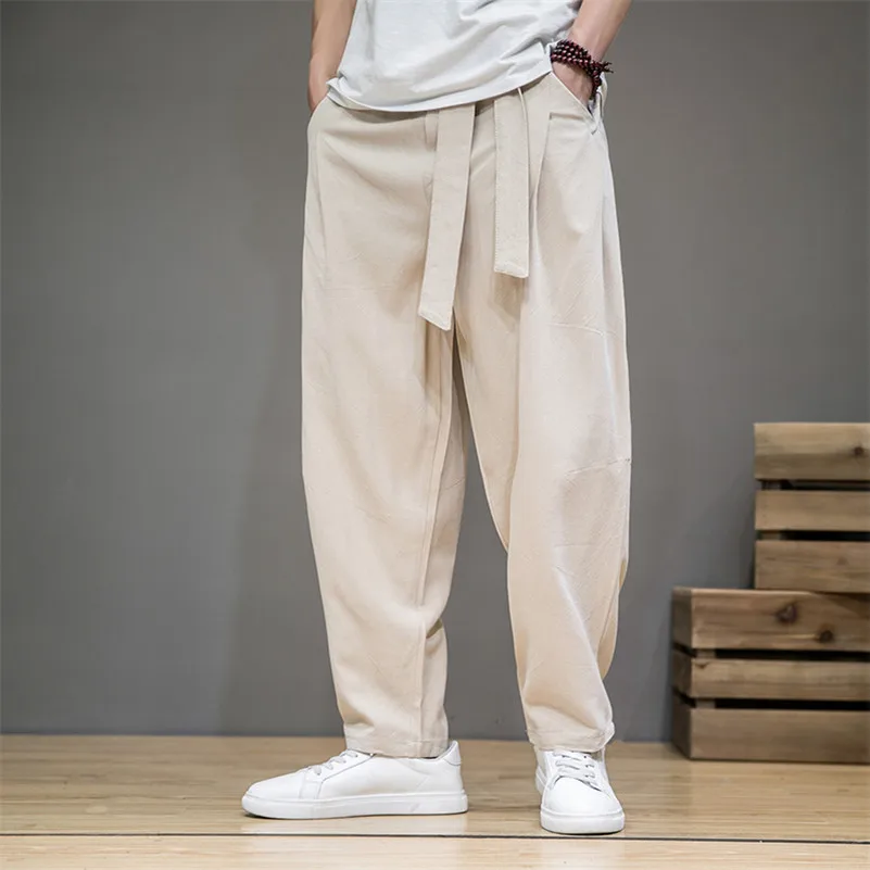 Men Cotton Linen Jogger Harem Pants Plus Size Men Long Trousers M-6XL 7XL Solid Loose Casual Elastic Waist Pants Gray Khaki 3