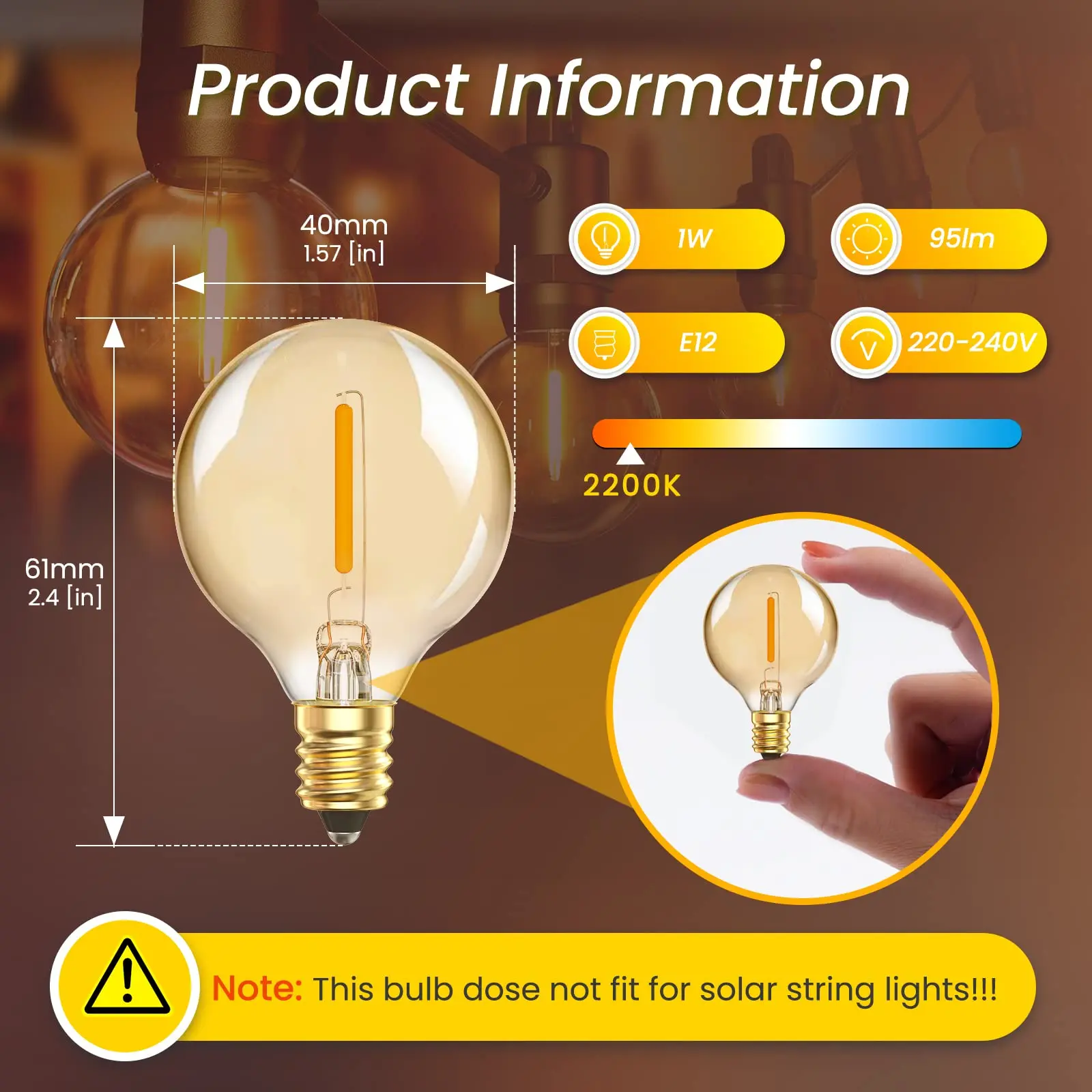 가정용 정원용 LED 스트링 조명 교체 전구, 앰버 유리, 따뜻한 흰색, 2200K, LED 램프 교체, G40, 1W, E12, 220V