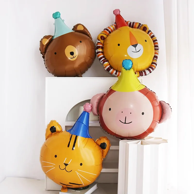 Circus Hat Cartoon Animal Theme Balloon Bear Lion Aluminum Foil Balloon Monkey Tiger Happy Birthday Party Decoration 4pcs