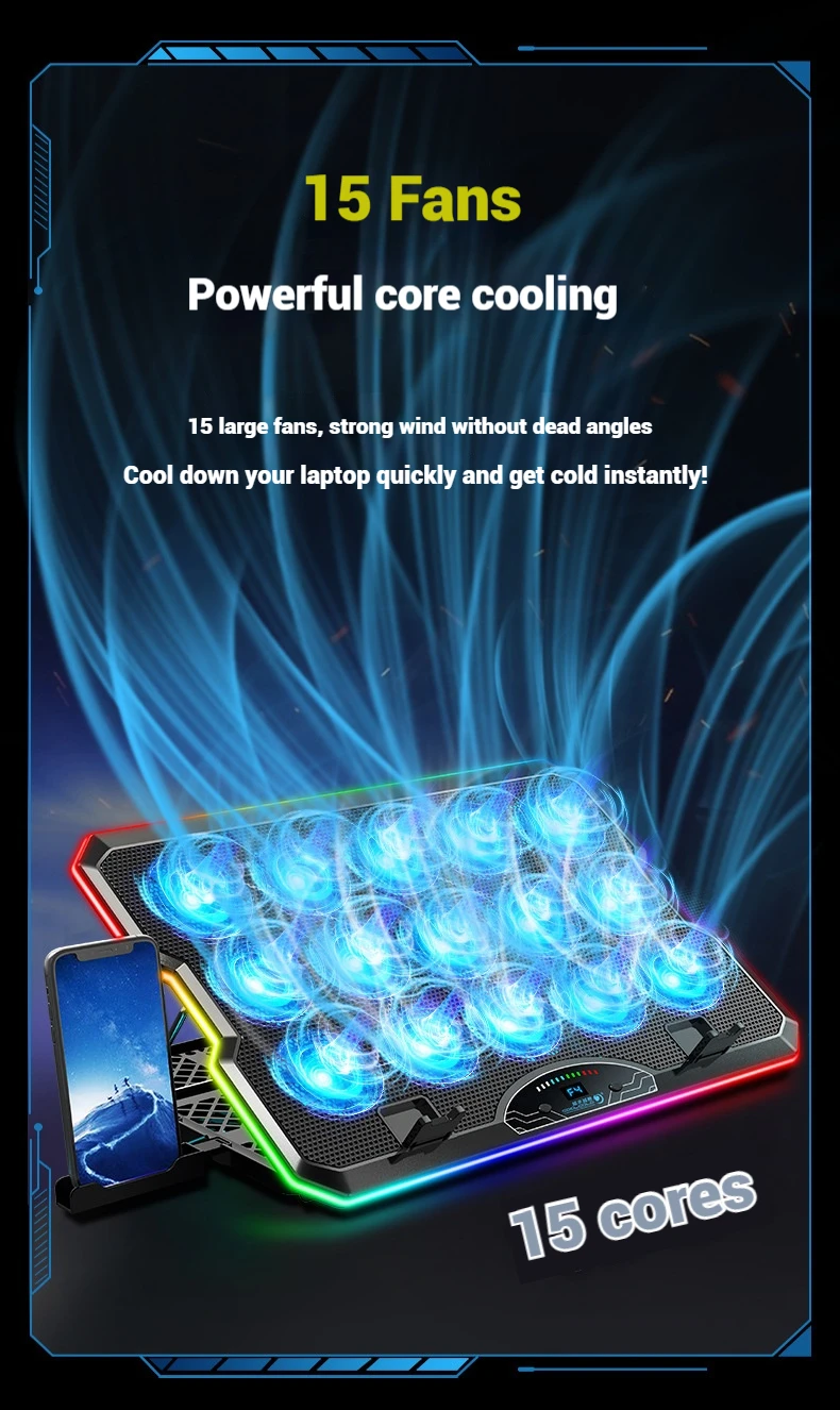 COOLCOLD F15 Gaming RGB Laptop Cooling Pad 15 Quiet Fans For 12-17.3 Inch With USB TYPE-C Port Notebook Cooler Stand_voghion.com