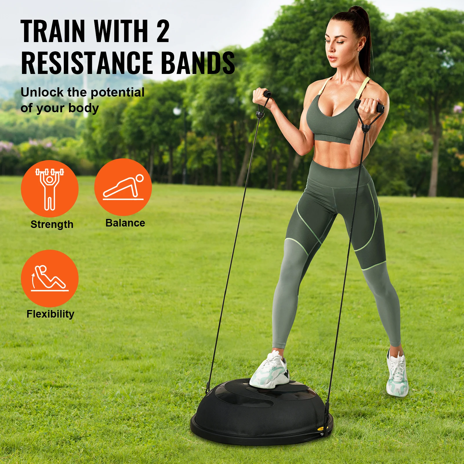 VEVOR Half Exercise Ball Trainer 26 inch Balance Ball Trainer 1500lbs Capacity Stability Ball Yoga Ball with Resistance Bands 3