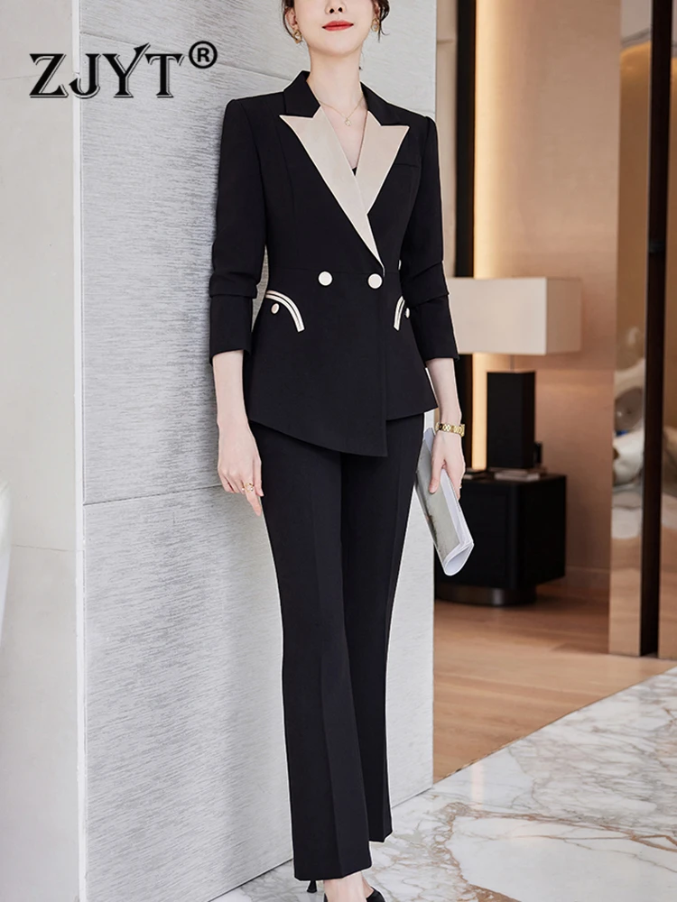 ZJYT Autumn Office Lady Blazer Pant Sets 2 Piece for Women 2023 Elegant Black Outfit Plus Size Color Block Jacket Trousers Suit