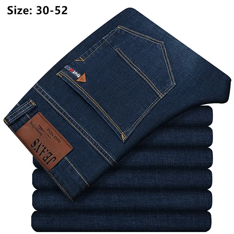 High Waist Men Jeans 150KG Autumn Thicken Stretched Plus Size 46 48 50 52 Denim Pants Loose Straight Dad Gift Summer Trousers