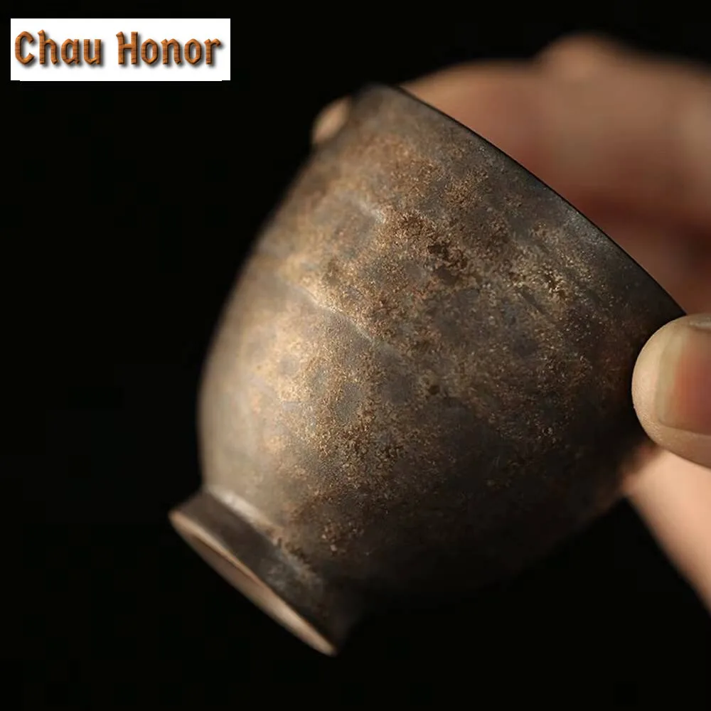 2pc/set Handmade Iron Guft Glazed Tea Cup Retro Thin Body Personal Cup Pu'er Master Tea Bowl Coarse Pottery Kung Fu Tea Set Gift