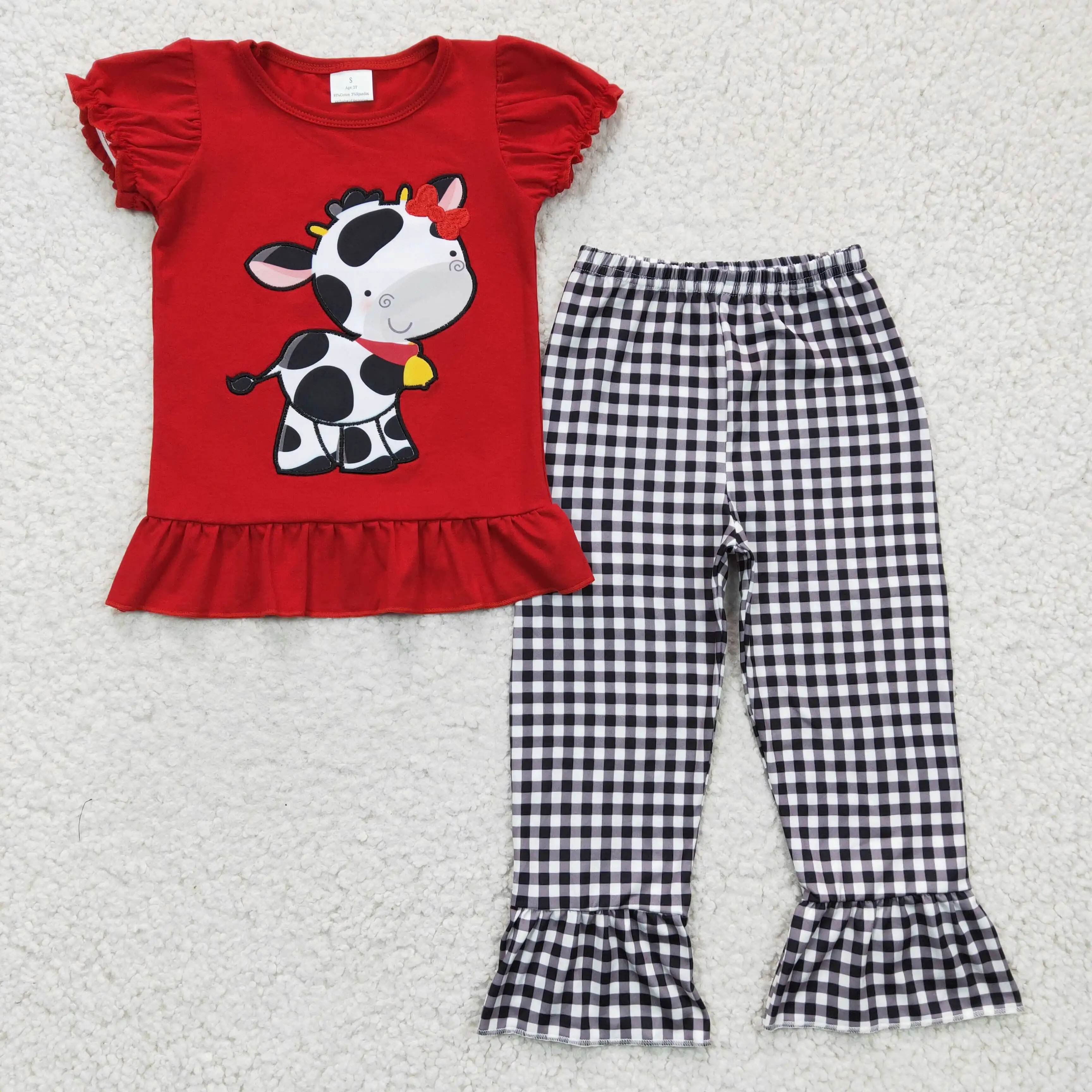 

Summer Fashion Short-Sleeved Top And Flared Pants Embroidery Girls Outfits