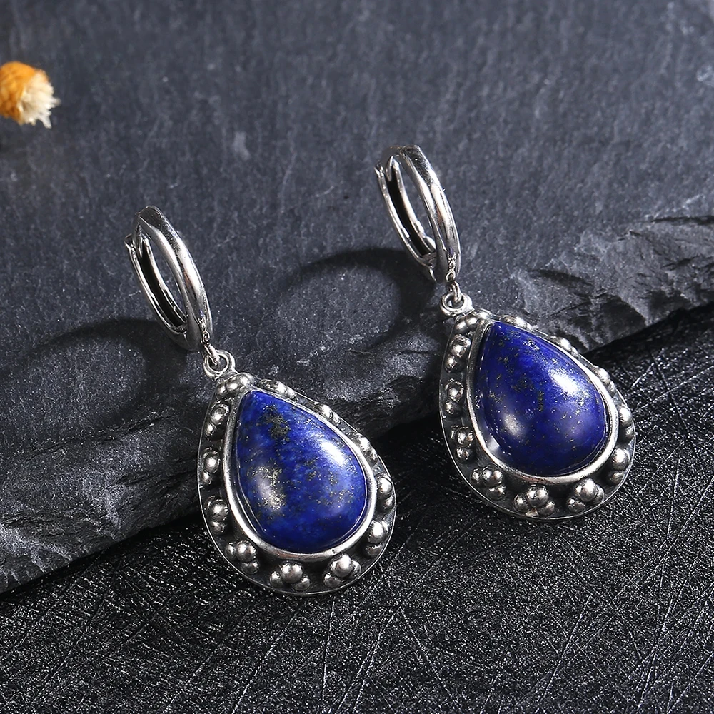 

Vintage Natural Lapis Lazuli Jewelry S925 Sterling Silver Earrings for Women Moonstone Gemstone Engagement Anniversary Gift