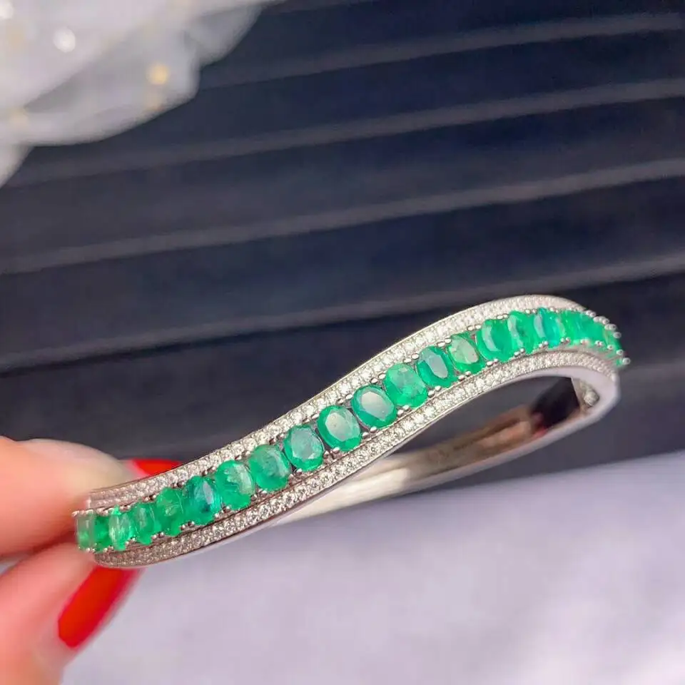 

MeiBaPJ Luxurious Real Natural Emerald Gemstone Bracelet 925 Sterling Silver Green Stone Bangle for Women Fine Wedding Jewelry