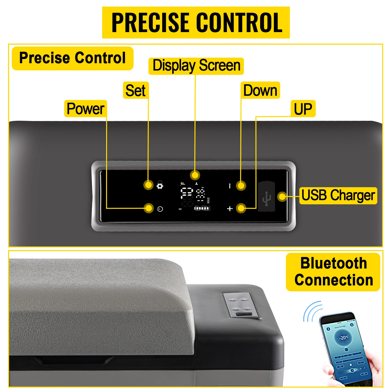 VEVOR portable refrigerator control panel with display screen, usb charger, and bluetooth connection.
