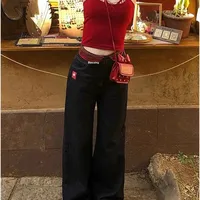 High Waist Wide Leg Black Jeans American Style Spicy Girl Hong Kong Style KT Cat Summer Design Women's Fashion Straight Leg Pant