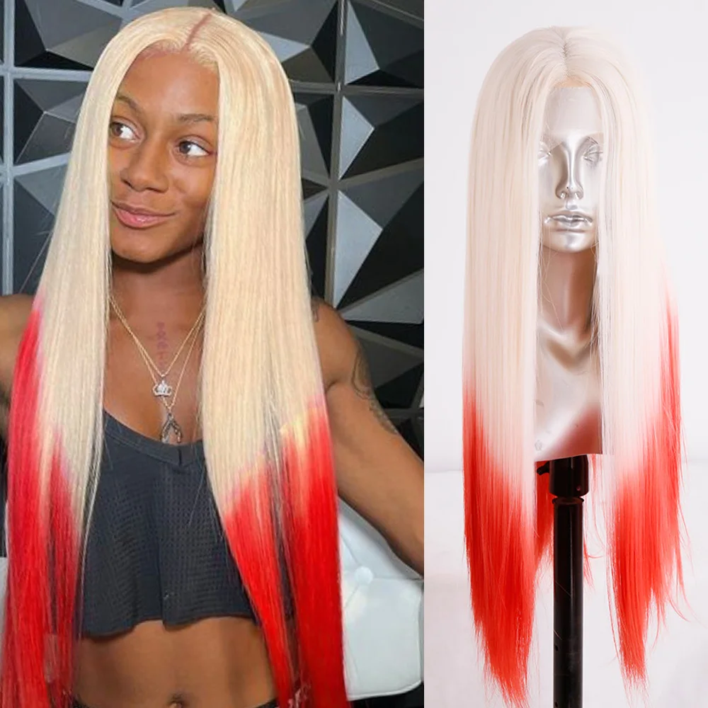 

Synthetic Lace Wigs Soft Long Straight Lace Front Wig Blonde Ombre Red Fiber Hair Daily Preplucked Glueless Cosplay Wig