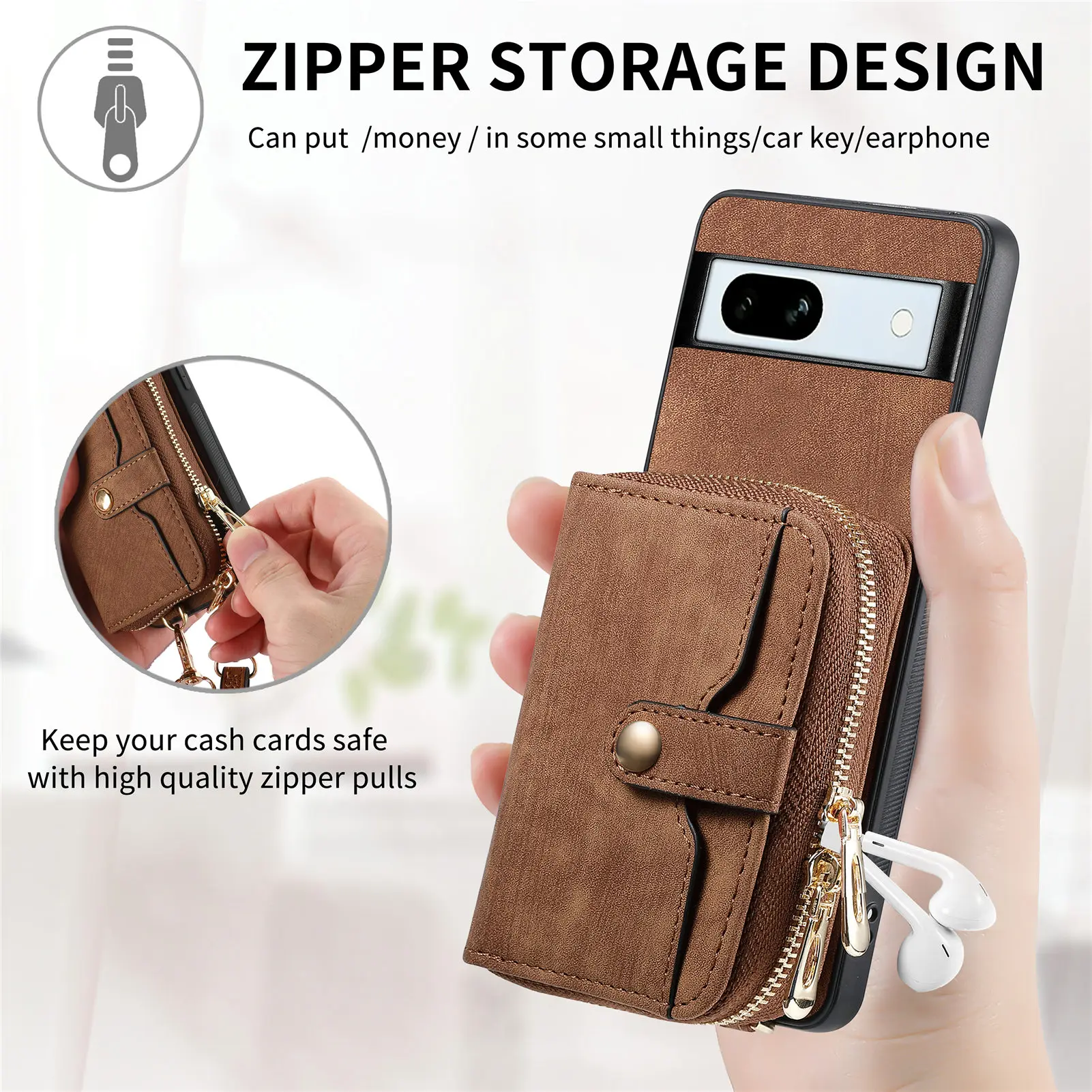 Wallet For Google Pixel 7a Case Zipper Multi Card Slot With Long Lanyard Shockproof Leather Phone Cover For Pixel 8 6 Pro