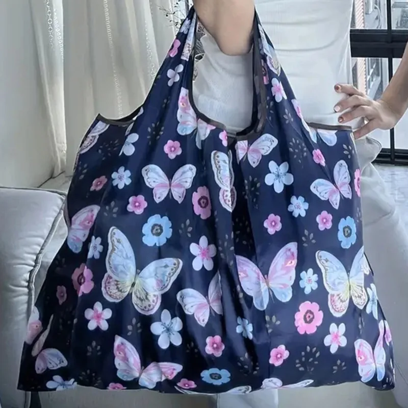 휴대용 접는 쇼핑 가방 나비 꽃 인쇄 식료품 가방 친환경 재사용 대용량 토트 백..