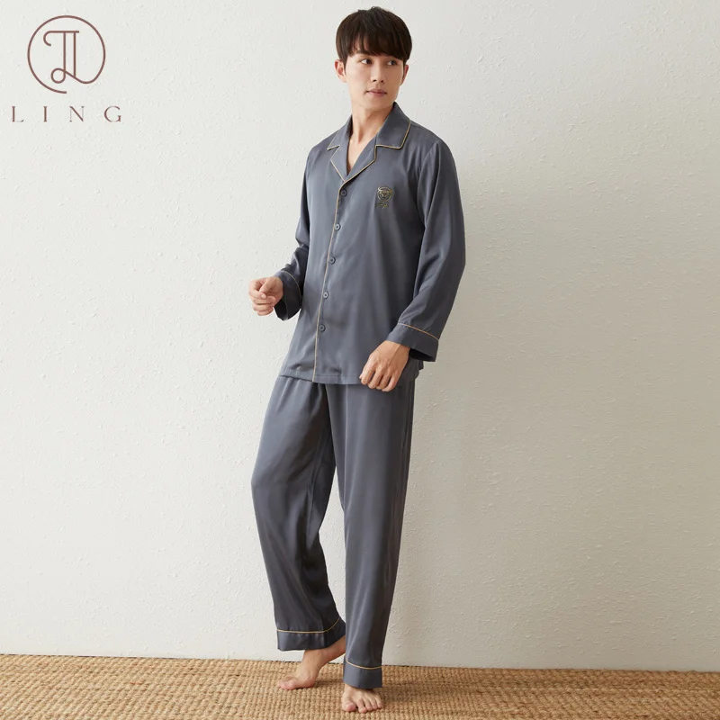 Ling Men's Long Sleeve Pajama Sets 2 Pcs Silk Satin Men's Sleep Lounge Sleepwear Sample Style 2 Pcs Sets Elastic Waist