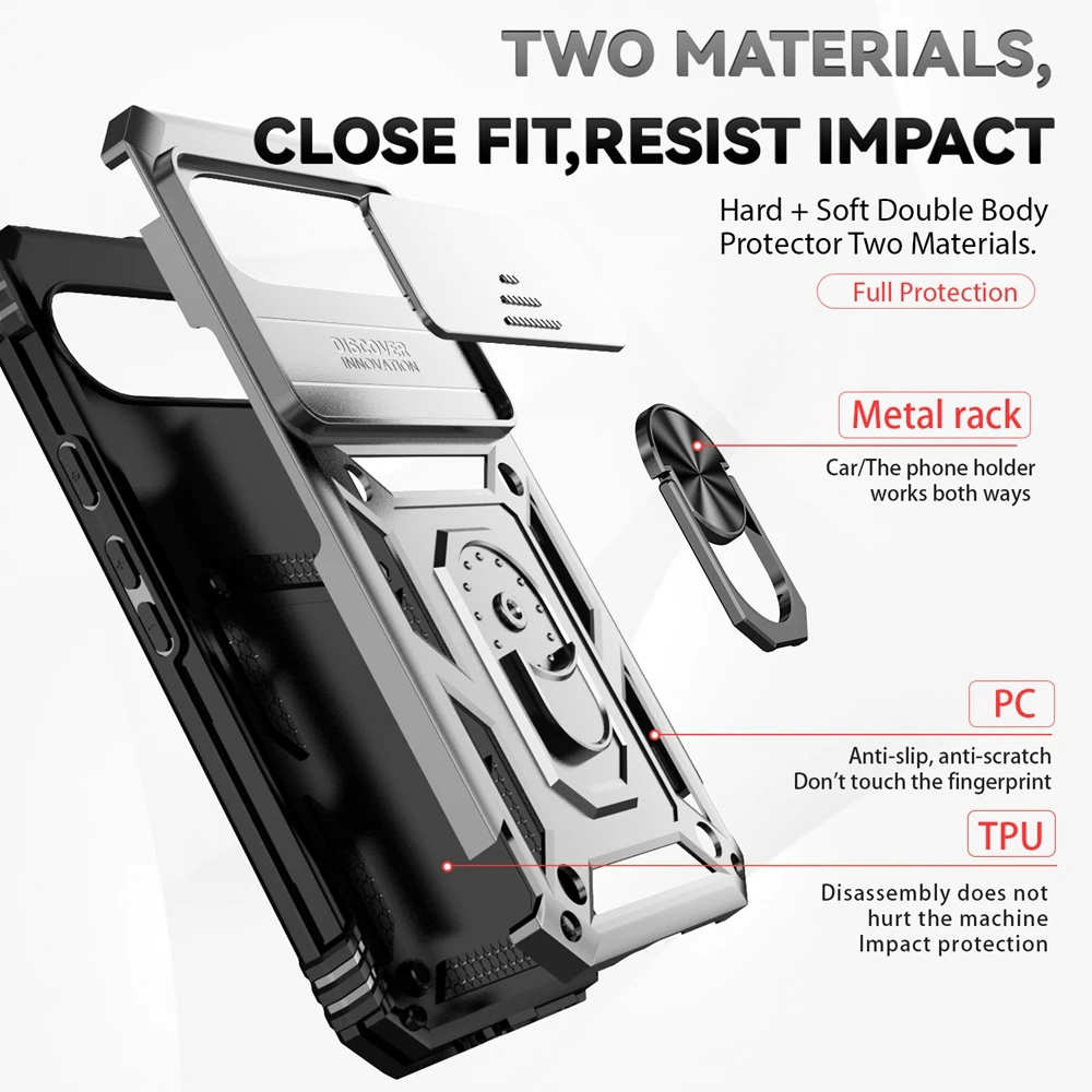 Shockproof Armor Slide Lens Protective Case with Magnetic Ring Holder