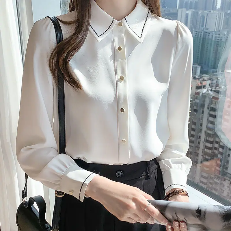 White Chiffon Shirt Women's Long Sleeve Youth Button Patchwork Office Blouse Spring Autumn New Solid Fashion Korean Clothing