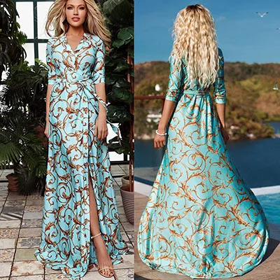 2023 explosive summer new European and American foreign trade women's printed dress sleeve V-neck skirt