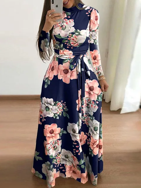 المرأة الصيف فستان طويل 2022 عادية كم طويل بوهو الأزهار طباعة ماكسي فستان الياقة المدورة ضمادة أنيقة فساتين الحفلات Vestidos 3
