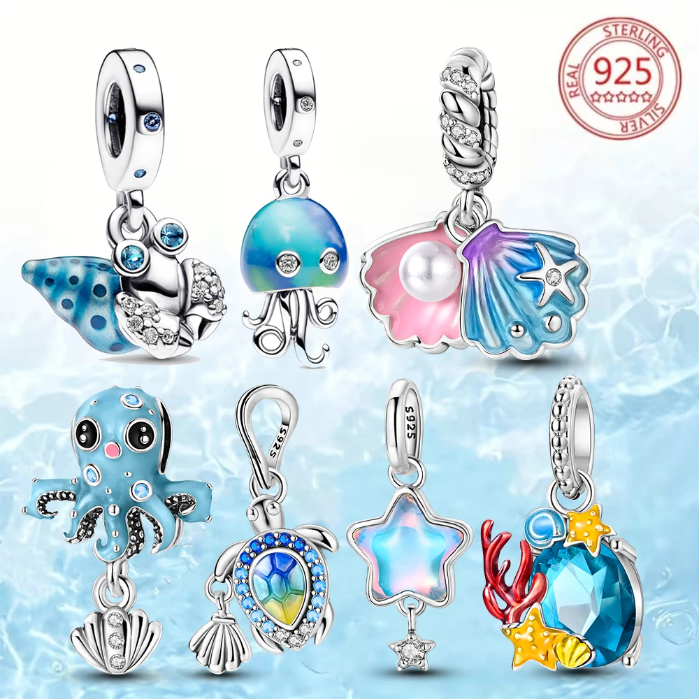 

925 Sterling Silver Cute Sea Animal Octopus Crab Shell Charm Fit Pandora Charm Bracelet DIY For Women Jewelry Gift