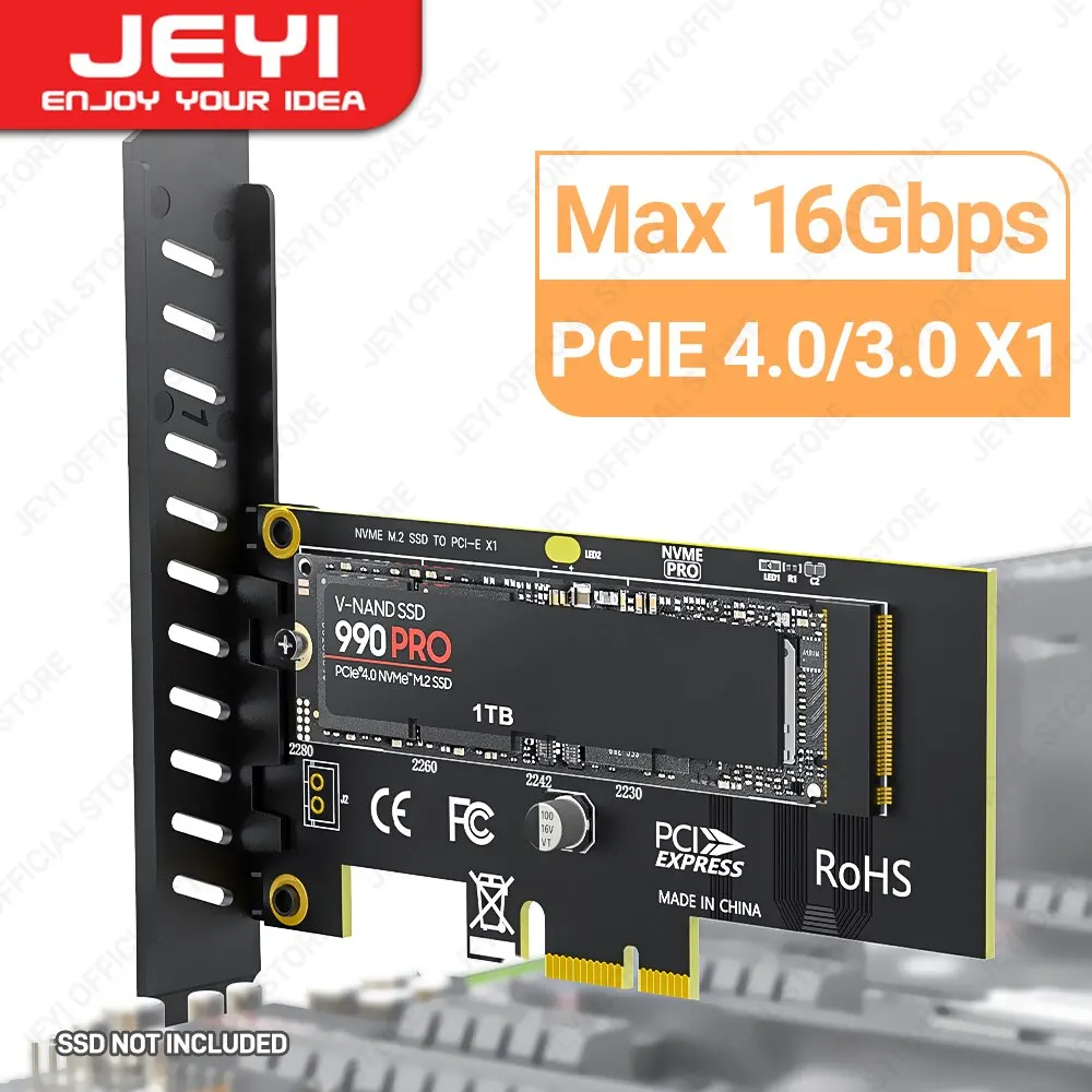  JEYI M.2 NVME SSD to PCIE X1 Adapter Card, 2280 SSD PCIe 3.0 4.0 Expansion Card for Desktop PC, PCI-E GEN4 16Gbps Full Speed SK1 