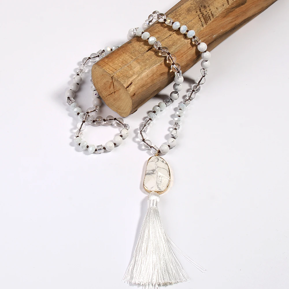 Fashion Bohemian ethnic style Natural Stone Glass Knot Necklace Moon Shape Stone Tassel Necklace For Women Jewelry