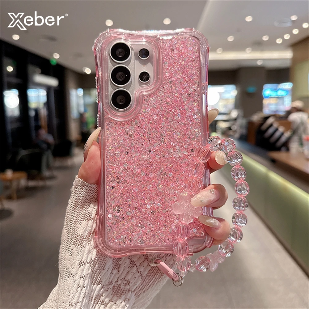 Luxury 3-in-1 Bling Glitter Shockproof Phone Case with Lens Protection and Lanyard