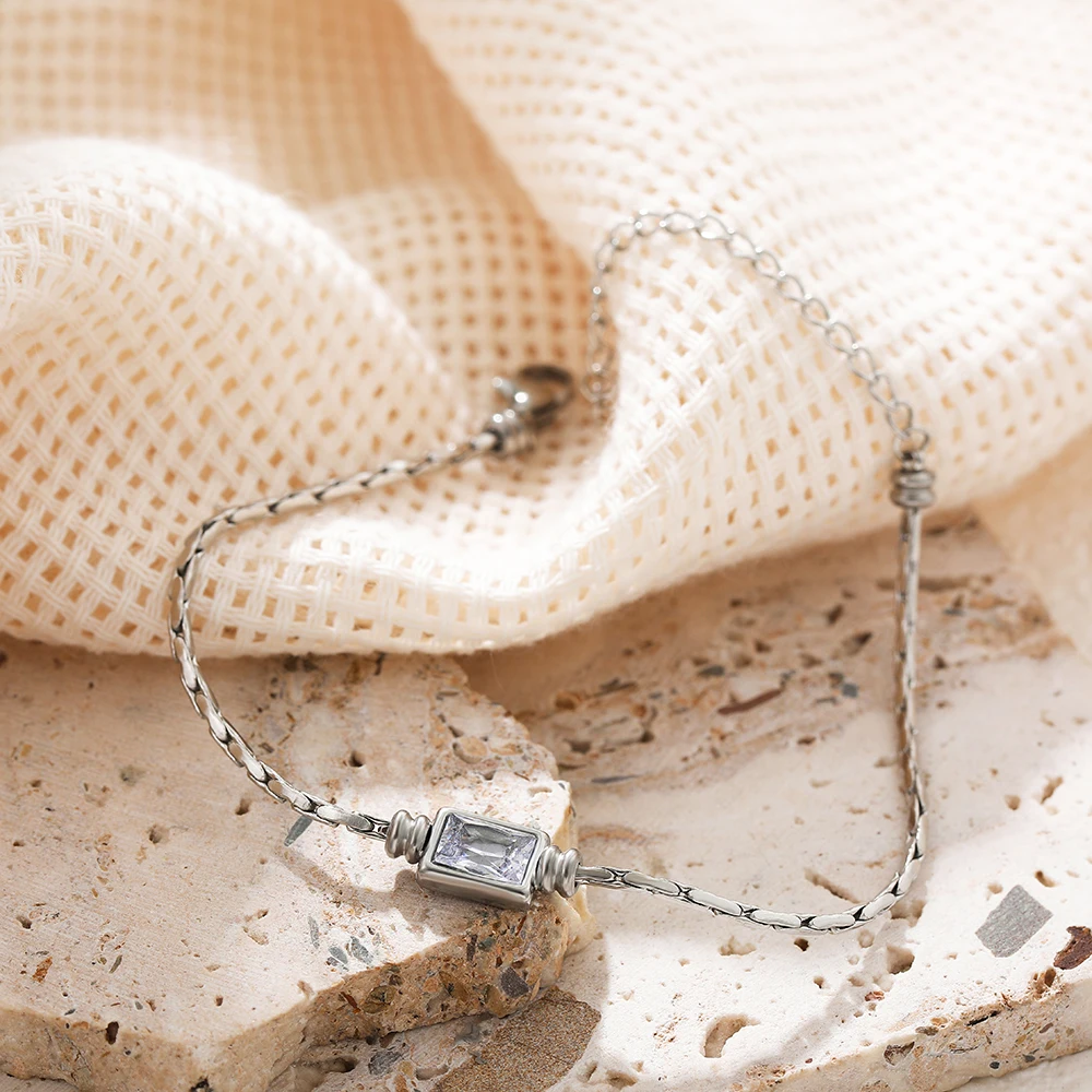 Punk Fine Snake Chain Square Crystal Zircon Bracelet Adjustable Waterproof Stainless Steel Women Bangle Gold Plated Jewelry New