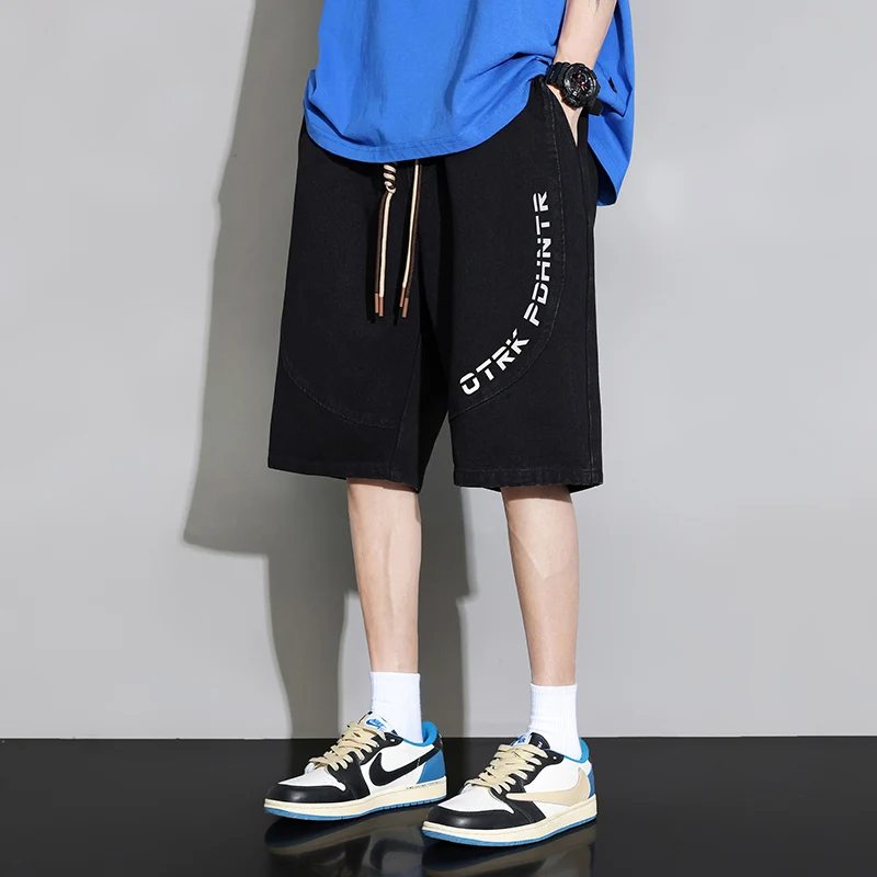 Fashion Spliced Printed Letter Casual Denim Shorts Men's Clothing 2024 Summer New Loose Elastic Lace Up All-match Knee Shorts