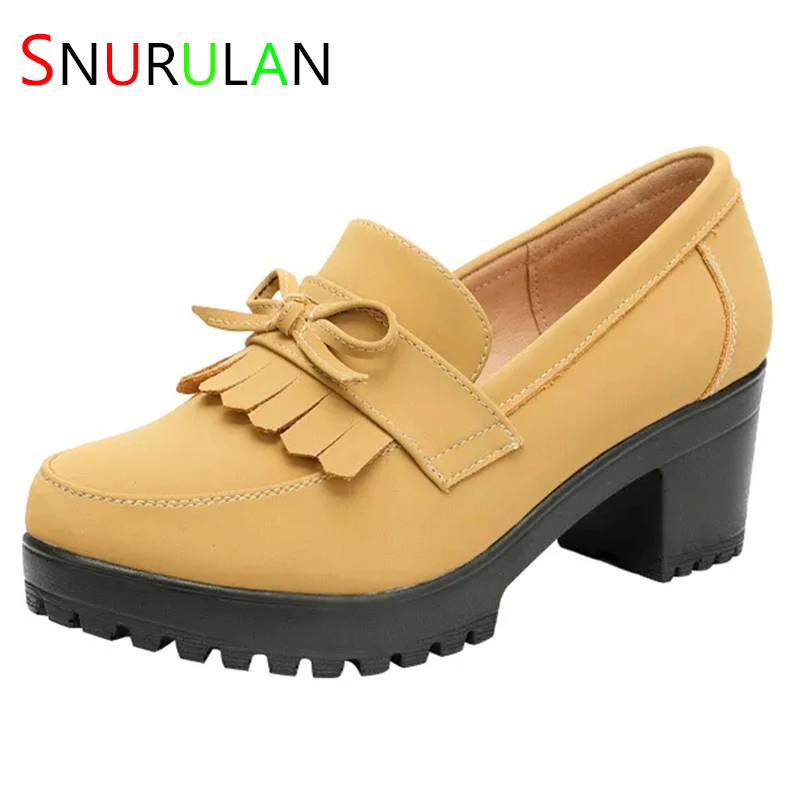 

Small Size 32-43 Vintage Tassel Genuine Leather Shoes Women Platform Pumps 2023 Spring Suede Block Med Heels Shoes Office Mom