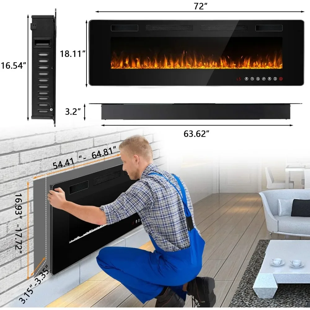 Ultra-Thin Silence Linear Electric Fireplace, Recessed Wall Mounted Fireplace, Fit for 2 x 4 and 2 x 6 Stud, 12 Adjustable Flame 6