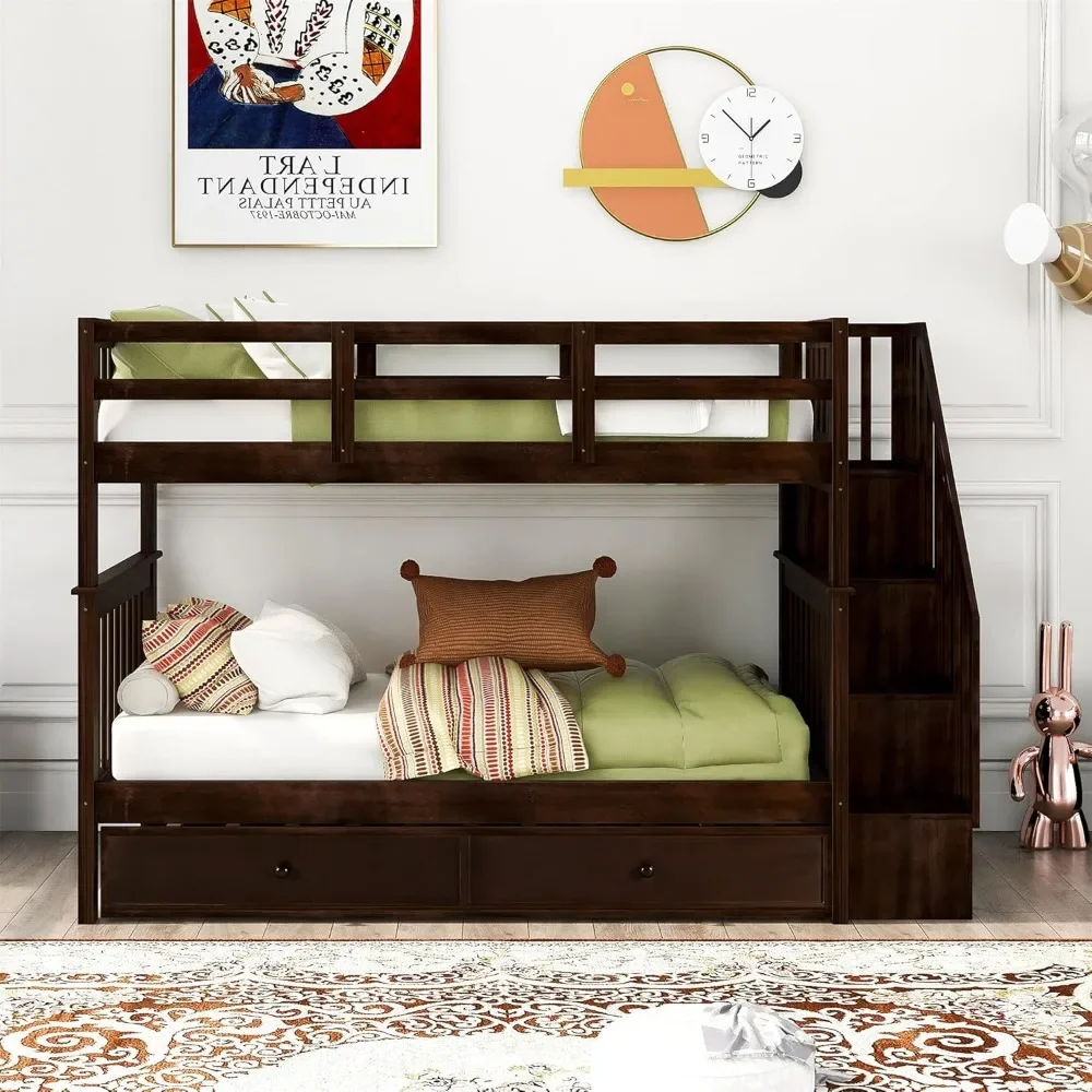 Twin Over Twin Bunk Bed with Stairs and Trundle, Solid Wood Stairway Bunk Bed Frame with Storage, for Kids Teens Adults Bunk Bed 3