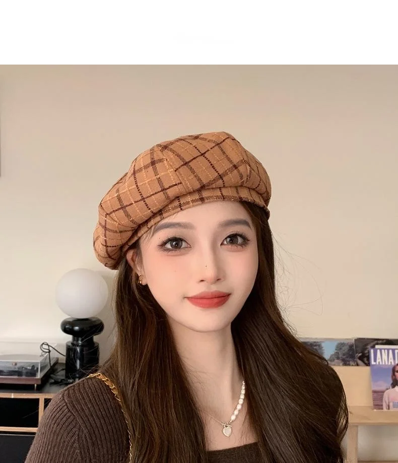 Plaid Beret Hat For Women British Retro Style Woolen Painter Cap_voghion.com