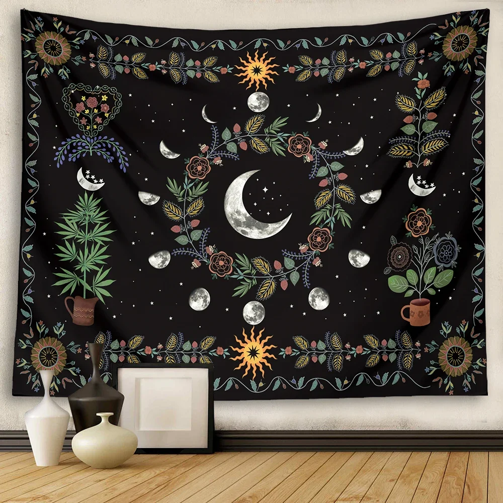 Moon phase Floral Tapestry Wall Hanging for Home Decor