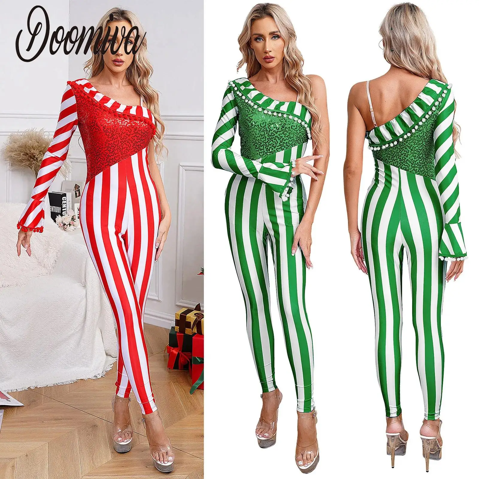 WomensStripedChristmasCostumesCandyCanesStripesJumpsuitDanceUnitardFullLengthXmas