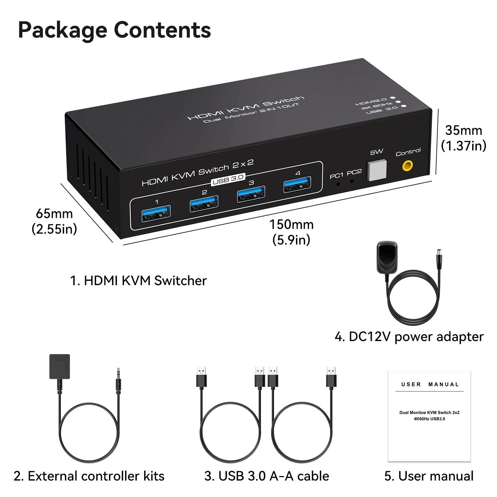 Switch KVM HDMI 2.1 8K – 2 PC Su 2 Monitor, 4 Porte USB 3.0, Telecomando E Alimentatore, Per Ufficio E Gaming
