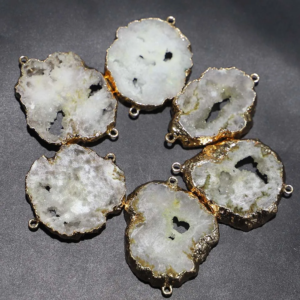 Natural Stone White Agates Irregular Pendants Slice Double Hole Connector Jewelry Making DIY Necklaces Bracelet Accessories 6Pcs