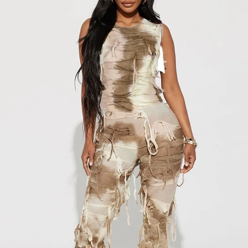 Tie Dye Fringe Jumpsuit Women Y2K Streetwear Bodycon Slim Sleeveless Casual Tassel Knit Overall Fashion 2023 Stretch Romper