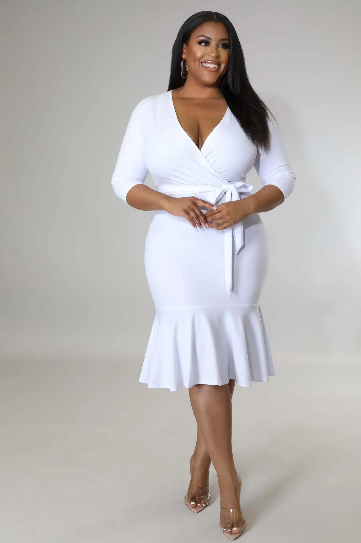 Plus Size Women 5xl Dress Solid V Neck Ruffle Elegant Dress For Chubby Summer Party Bodycon Robe Lady Fashion Wholesale Clothes