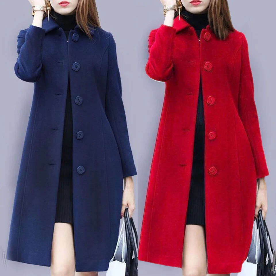 Duxyoz Manteau Pour Femmes à Simple Boutonnage En Laine Mélangée - Col Revers, Mi-Long, Trench Élégant, Chaud, Col Montant, Bleu, M
