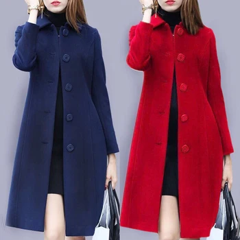 S-4XL 가을 여성 코트 중간 길이 싱글 브레스트 단색 턴 다운 칼라 우아한 소프트 플러스 사이즈 따뜻한 자켓