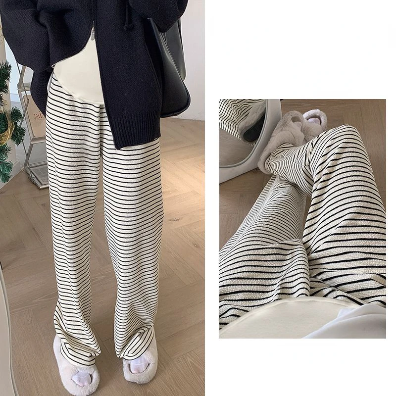 Maternity Striped Wide-legged Pants Fall Winter 2023 New Outside Wear Padded Thickened Drape Bottoming Pants Maternity Clothes 4