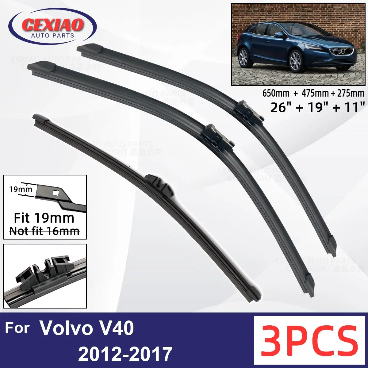 

For Volvo V40 2012-2017 Car Front Rear Wiper Blades Soft Rubber Windscreen Wipers Auto Windshield 26"19"11" 2013 2014 2015 2016