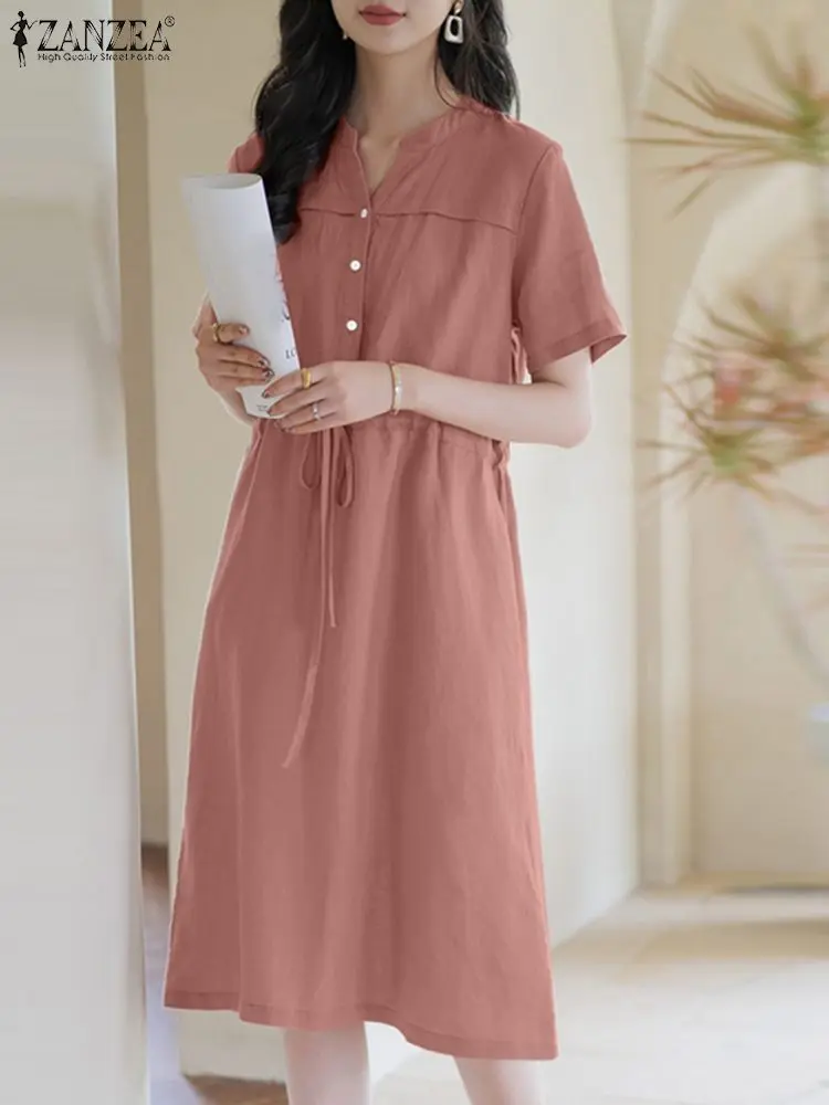

Holiday Elegant Sundress ZANZEA 2023 Summer Vintage Solid Dress Women Short Sleeve V Neck Shirt Vestido Causal Midi Robe Femme