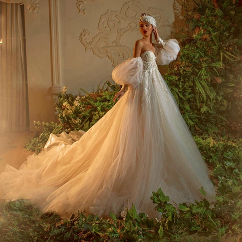 

Свадебное платье с аппликацией Dreamlike, пышные фатиновые Свадебные платья с вышивкой бисером, свадебные платья с пышными рукавами, сделанные на заказ