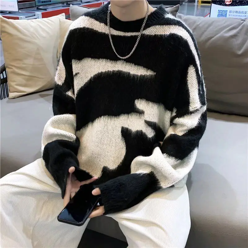 

American Style High Street Black and White Striped Round Neck Sweater Men Loose and Contrasting Color Outerwear Sweater Knitwear