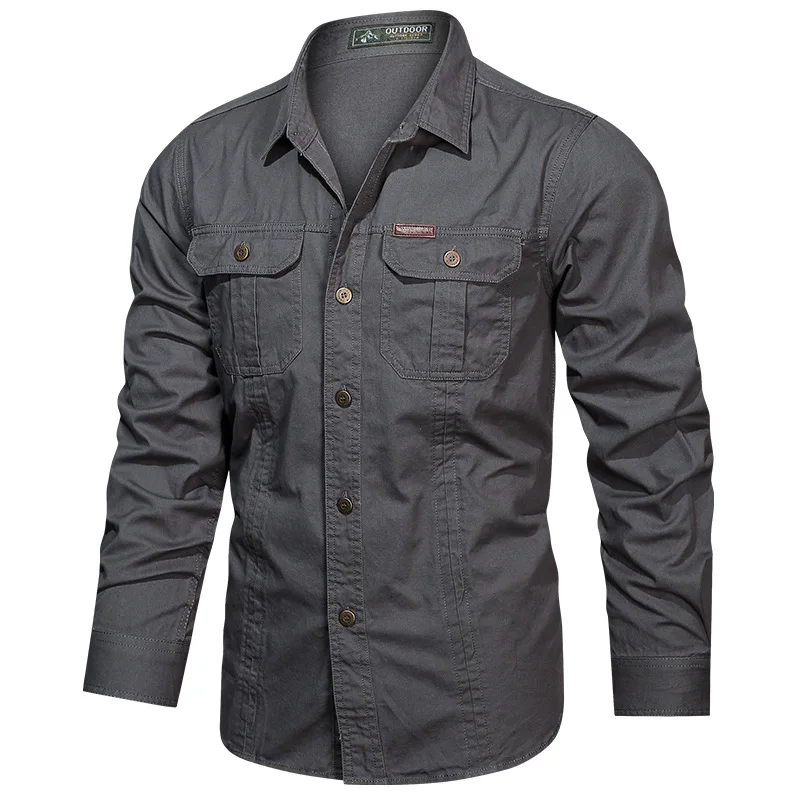 Solid Color Tactical Men's Long-sleeve Lapel Shirt Cotton Cargo Shirts Mens Shirt Outdoor Military Casual Pocket Shirt