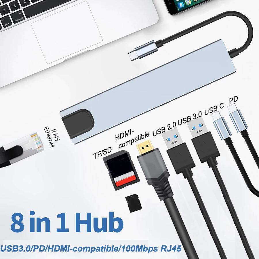 

8 in 1 Hub USB 3.0 USB C HUB Type C Splitter To HDMI 4K Docking Station Laptop Adapter With PD SD TF RJ45 For Macbook Air iPad